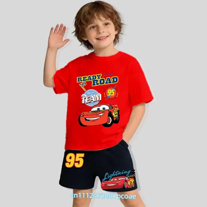2026 New Cars of the Universe Boys' Sportswear Cotton Short-Sleeved Shorts Set with Cartoon Print - Summer T-Shirt 2-Piece Set