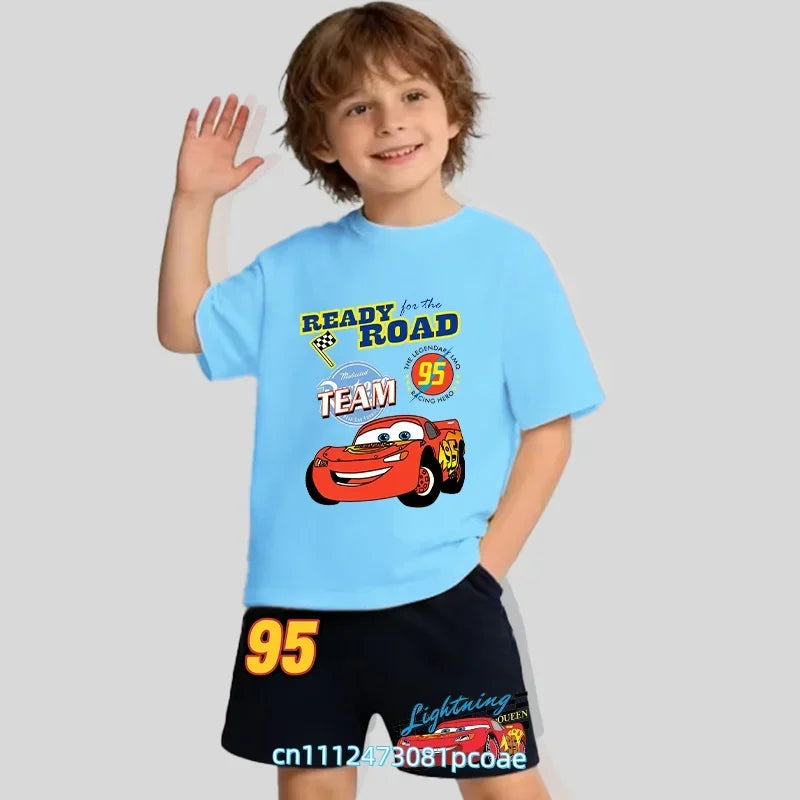 2026 New Cars of the Universe Boys' Sportswear Cotton Short-Sleeved Shorts Set with Cartoon Print - Summer T-Shirt 2-Piece Set