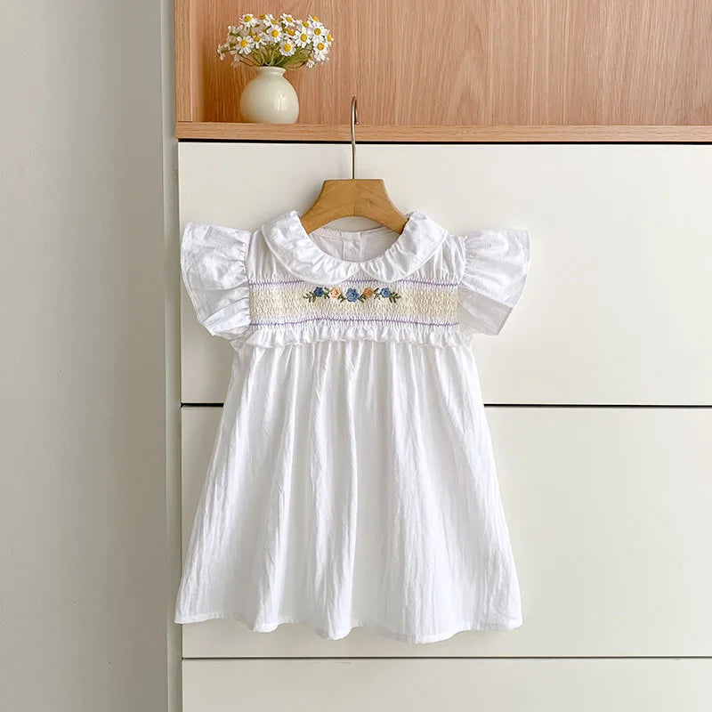 Girl Dress Summer New Peter Pan Collar Embroidery Flying Sleeve Princess Dress For Girls Korean Version White Princess Skirt