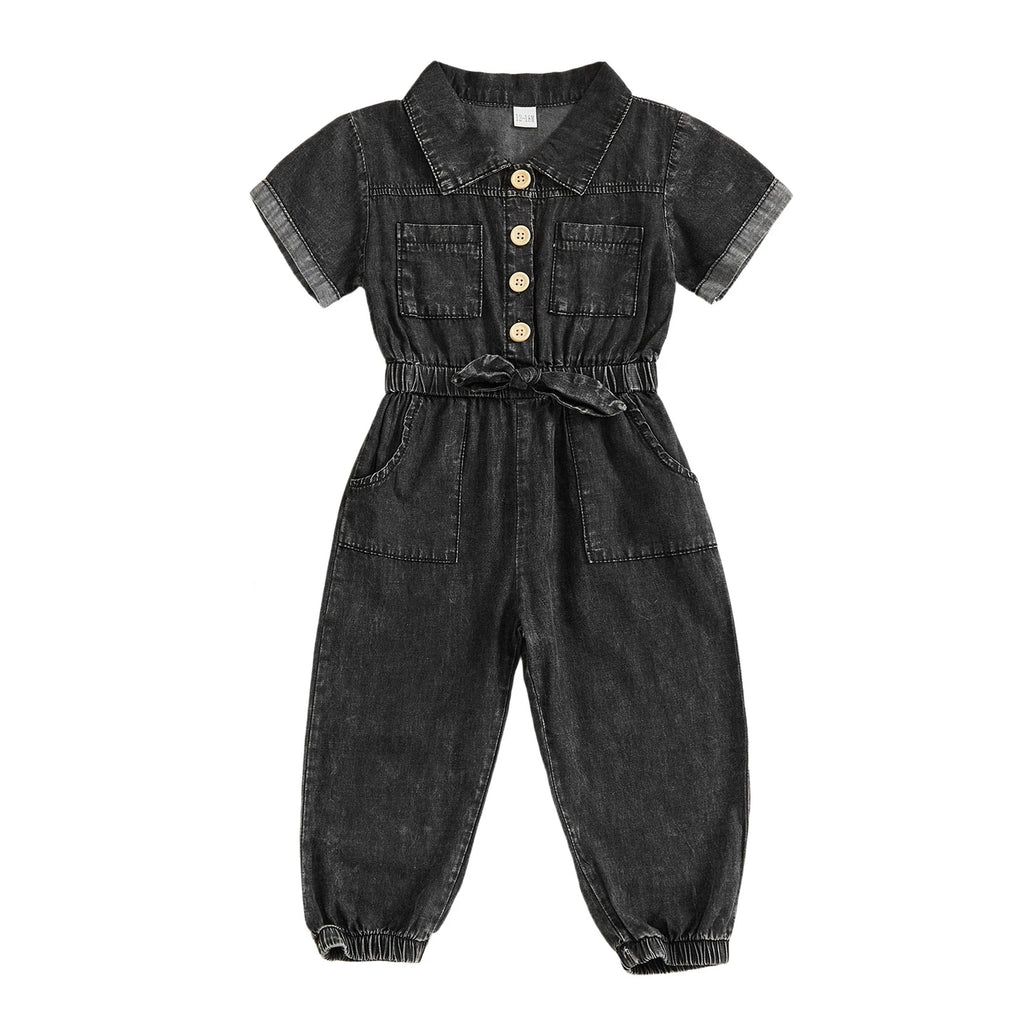 Kids Girls Denim Romper Short Sleeve Lapel Button Down Full Length Overalls Jumpsuit with Pockets Children's Clothing