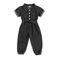 Kids Girls Denim Romper Short Sleeve Lapel Button Down Full Length Overalls Jumpsuit with Pockets Children's Clothing