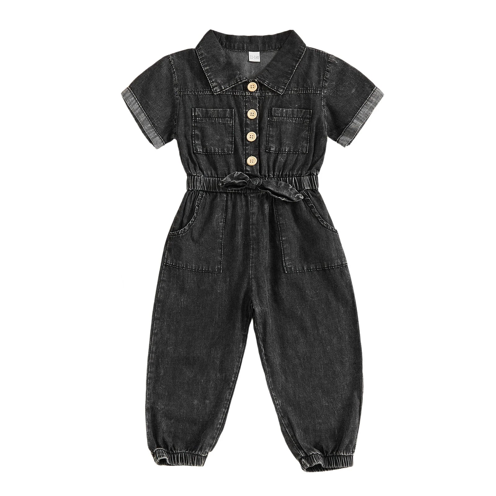 Kids Girls Denim Romper Short Sleeve Lapel Button Down Full Length Overalls Jumpsuit with Pockets Children's Clothing