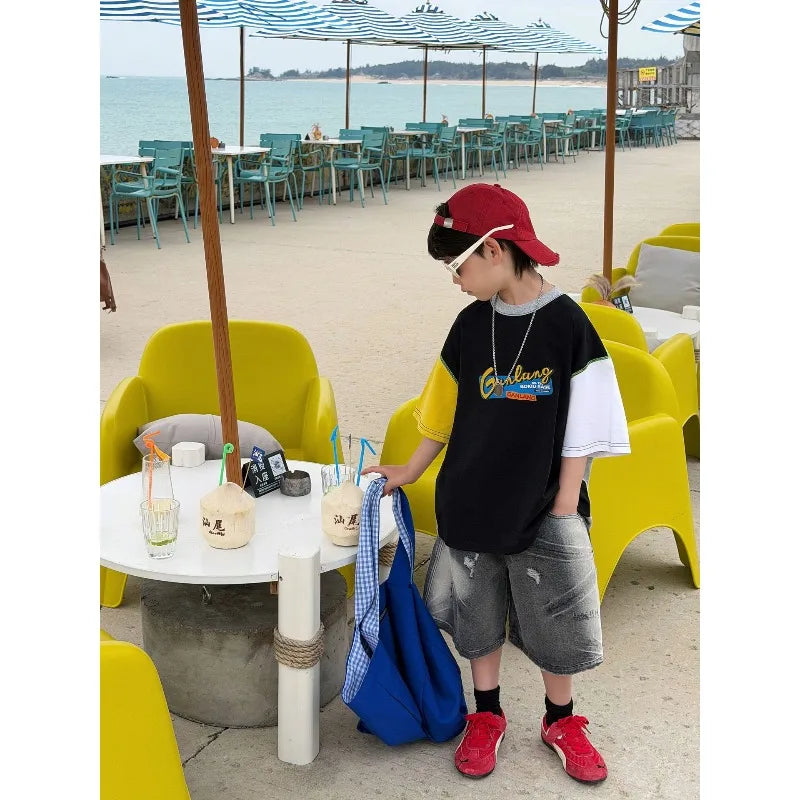 Korean Version of Children's Multi-color Splicing American Letter Cotton T-shirt Boys' Short-sleeved Top 2026 Summer New