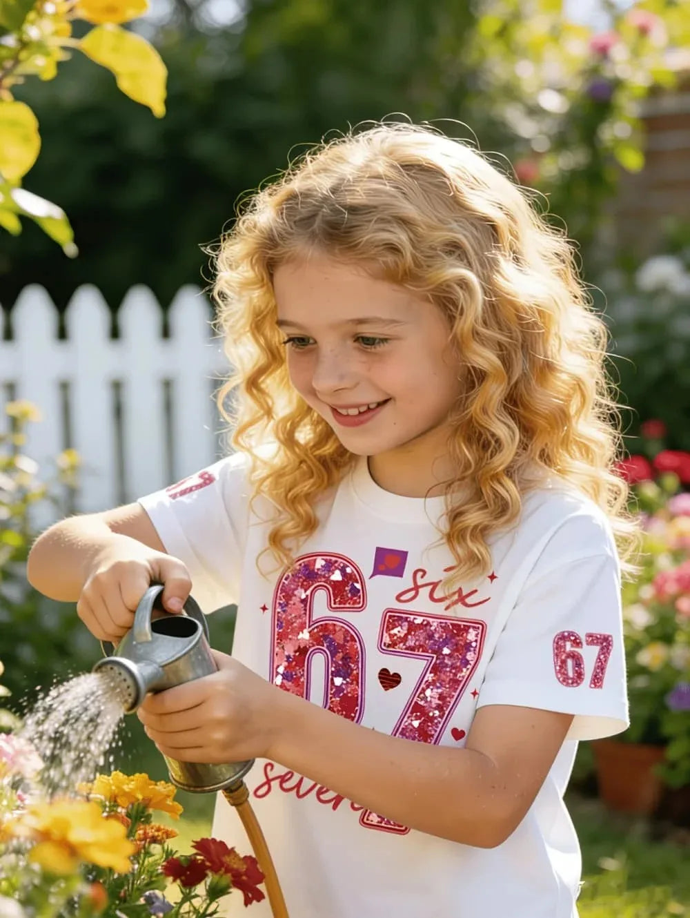 Girls' T-shirt,exclusive for Valentine's Day, with sequins,number 67,summer round-neck T-shirt for outdoors, kids' clothing