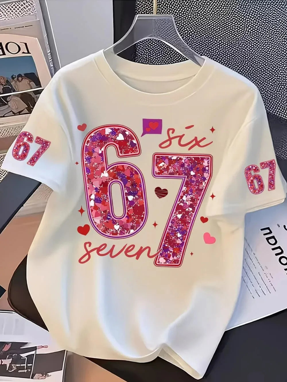 Girls' T-shirt,exclusive for Valentine's Day, with sequins,number 67,summer round-neck T-shirt for outdoors, kids' clothing