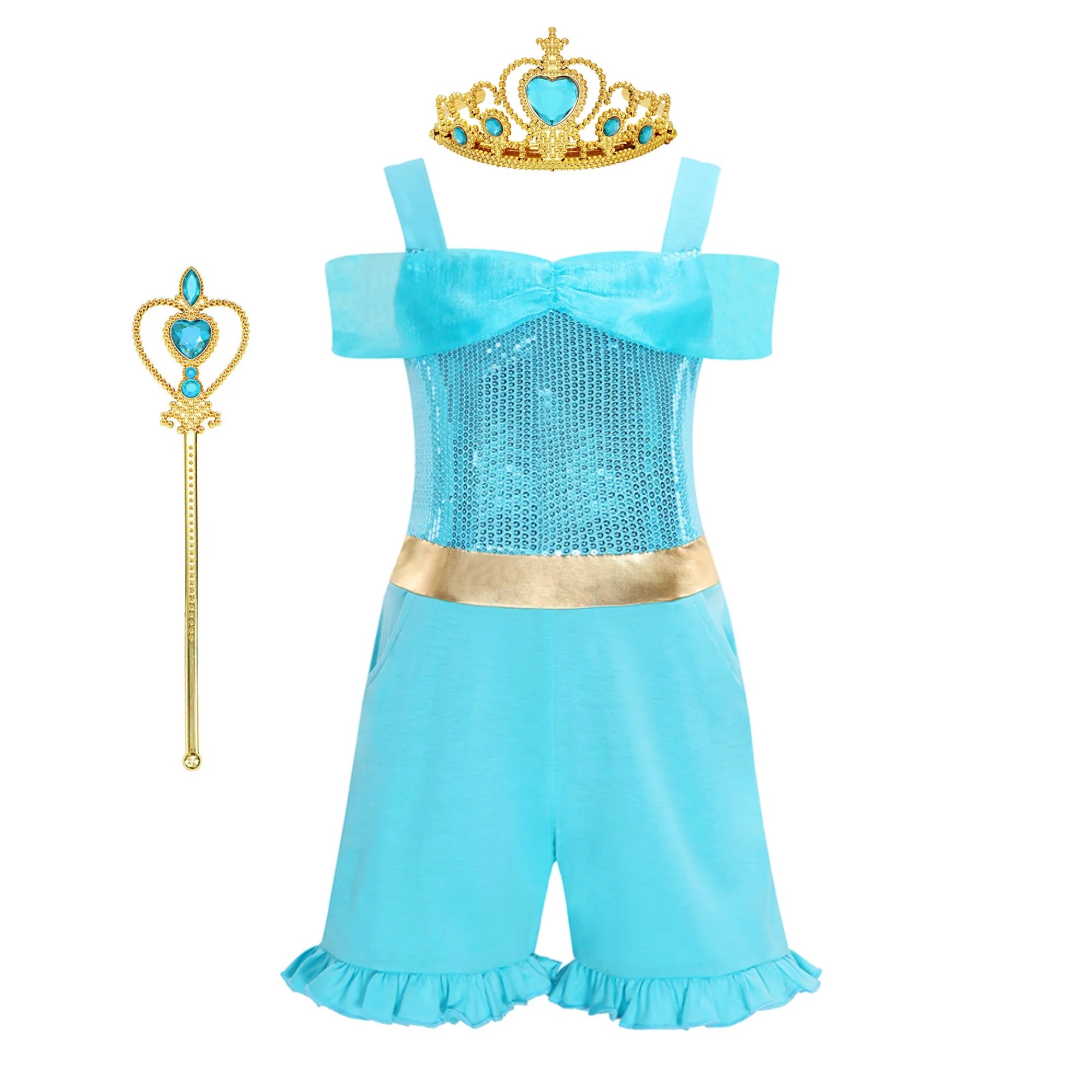 Girls' Summer High Waisted Jumpsuit Shorts Jasmine Princess Lake Blue Sequin Off Shoulder Top Kids Casual Performance Outfit