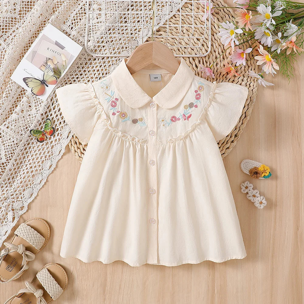 Kids 100% Cotton Fly Ruffle Sleeve Blouse 2-8 Years Floral Embroidery Doll Collar Girls Button Shirt Summer Casual Tops
