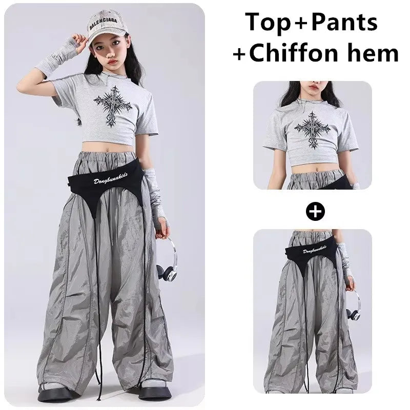 Girls Team Clothes Jazz Dance Clothes Hip Hop Dance Costumes Short Sleeve Crop Top Cargo Pants Suit Street Dance Wear