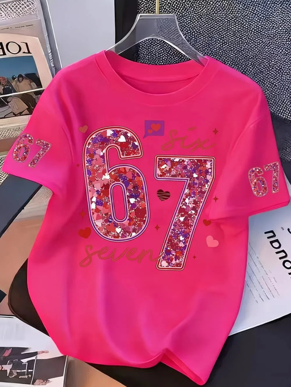 Girls' T-shirt,exclusive for Valentine's Day, with sequins,number 67,summer round-neck T-shirt for outdoors, kids' clothing