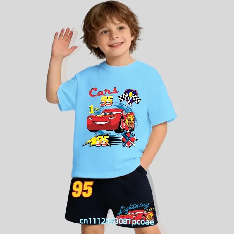2026 New Cars of the Universe Boys' Sportswear Cotton Short-Sleeved Shorts Set with Cartoon Print - Summer T-Shirt 2-Piece Set