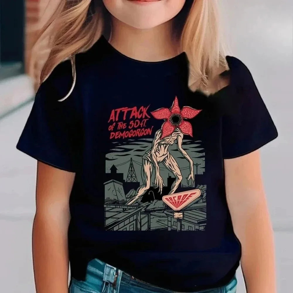 Kids Stranger Style T-Shirt Boy Girl Retro Cartoon Print Short Sleeve Top "Good Demodog" Graphic Tee Summer Cotton Clothes