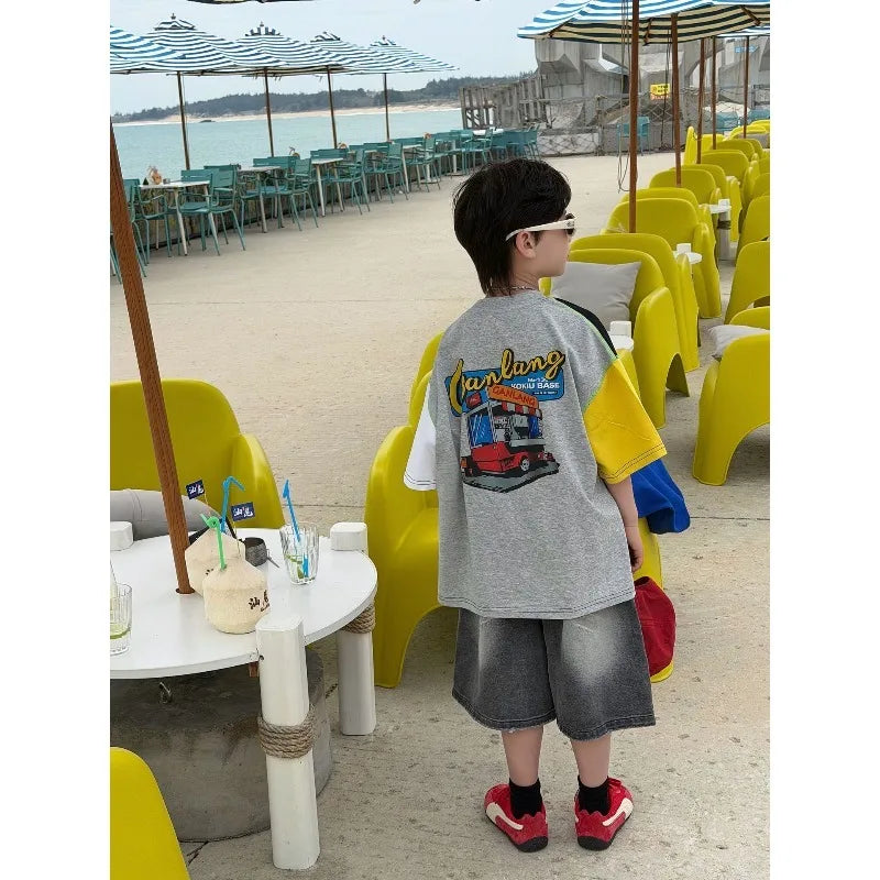 Korean Version of Children's Multi-color Splicing American Letter Cotton T-shirt Boys' Short-sleeved Top 2026 Summer New