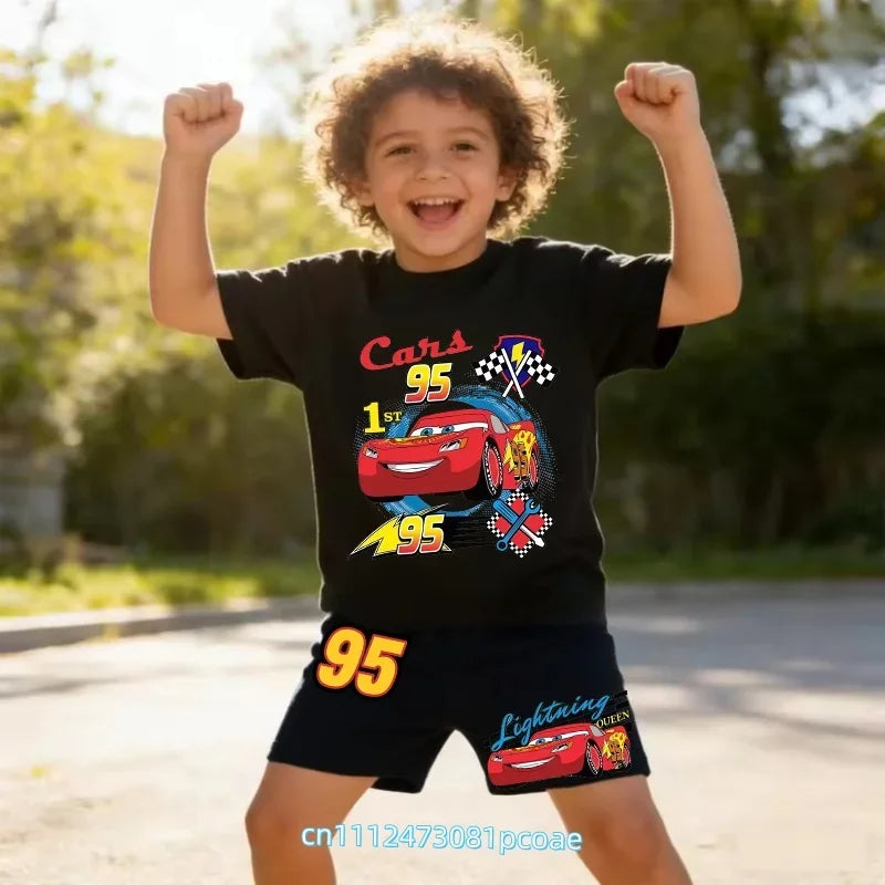 2026 New Cars of the Universe Boys' Sportswear Cotton Short-Sleeved Shorts Set with Cartoon Print - Summer T-Shirt 2-Piece Set