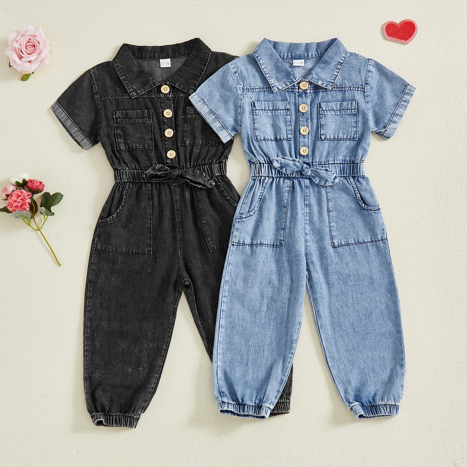 Kids Girls Denim Romper Short Sleeve Lapel Button Down Full Length Overalls Jumpsuit with Pockets Children's Clothing