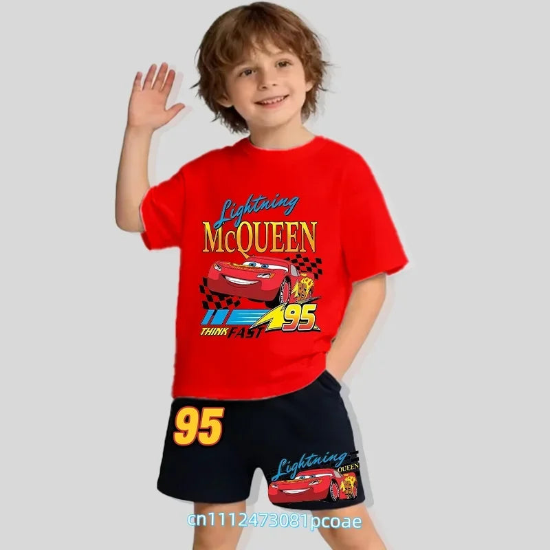 2026 New Cars of the Universe Boys' Sportswear Cotton Short-Sleeved Shorts Set with Cartoon Print - Summer T-Shirt 2-Piece Set