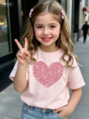 Kids Girls T-Shirt, Pink Glitter Heart Print Short Sleeve Casual Top for Summer Daily Wear boys and girls