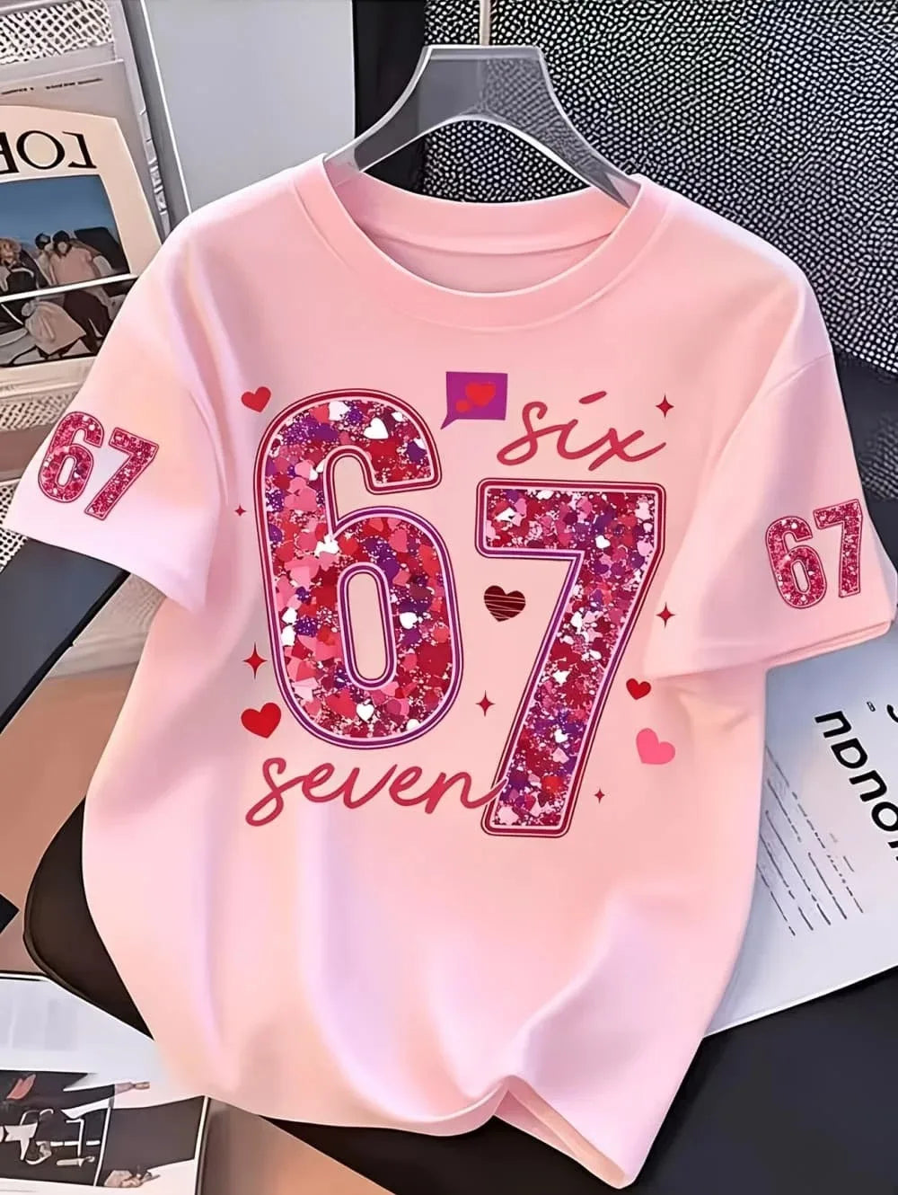 Girls' T-shirt,exclusive for Valentine's Day, with sequins,number 67,summer round-neck T-shirt for outdoors, kids' clothing