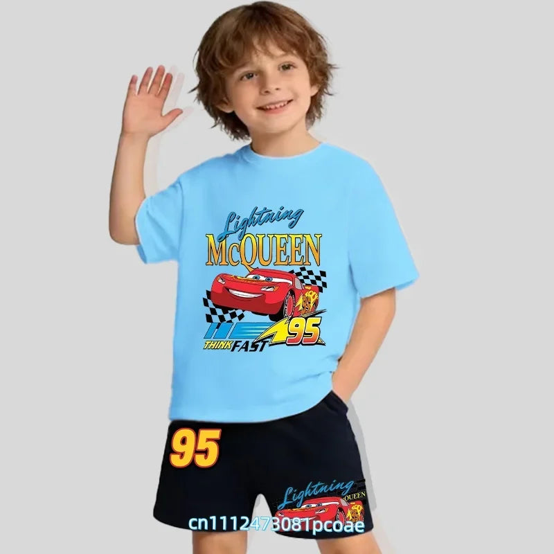 2026 New Cars of the Universe Boys' Sportswear Cotton Short-Sleeved Shorts Set with Cartoon Print - Summer T-Shirt 2-Piece Set