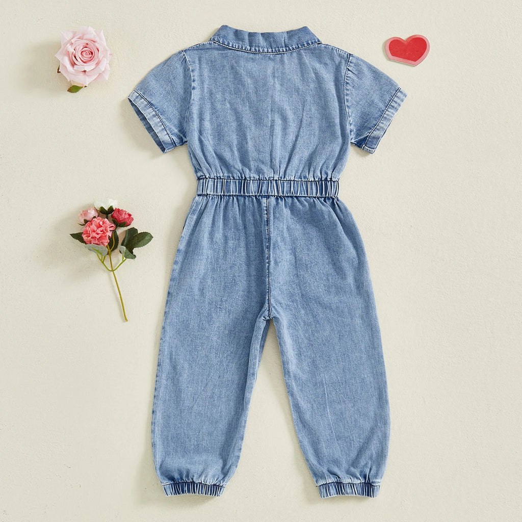 Kids Girls Denim Romper Short Sleeve Lapel Button Down Full Length Overalls Jumpsuit with Pockets Children's Clothing