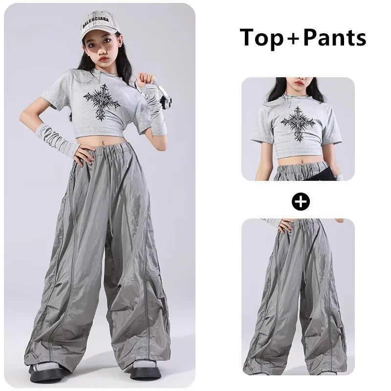 Girls Team Clothes Jazz Dance Clothes Hip Hop Dance Costumes Short Sleeve Crop Top Cargo Pants Suit Street Dance Wear