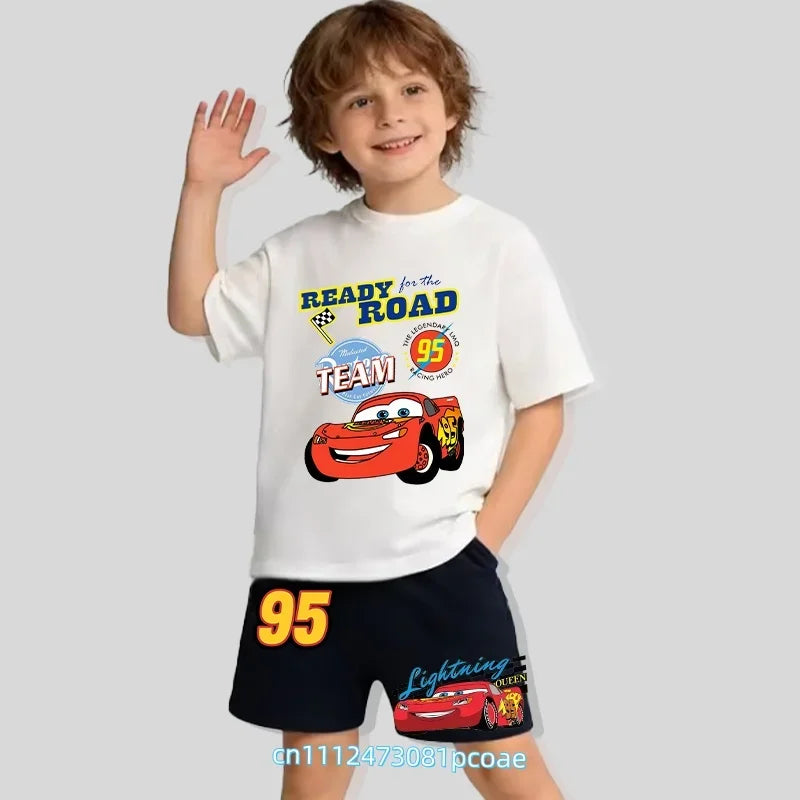 2026 New Cars of the Universe Boys' Sportswear Cotton Short-Sleeved Shorts Set with Cartoon Print - Summer T-Shirt 2-Piece Set