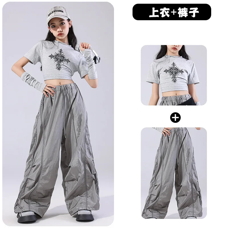 Girls Team Clothes Jazz Dance Clothes Hip Hop Dance Costumes Short Sleeve Crop Top Cargo Pants Suit Street Dance Wear