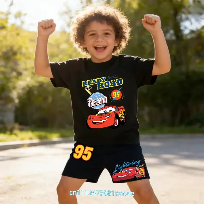 2026 New Cars of the Universe Boys' Sportswear Cotton Short-Sleeved Shorts Set with Cartoon Print - Summer T-Shirt 2-Piece Set