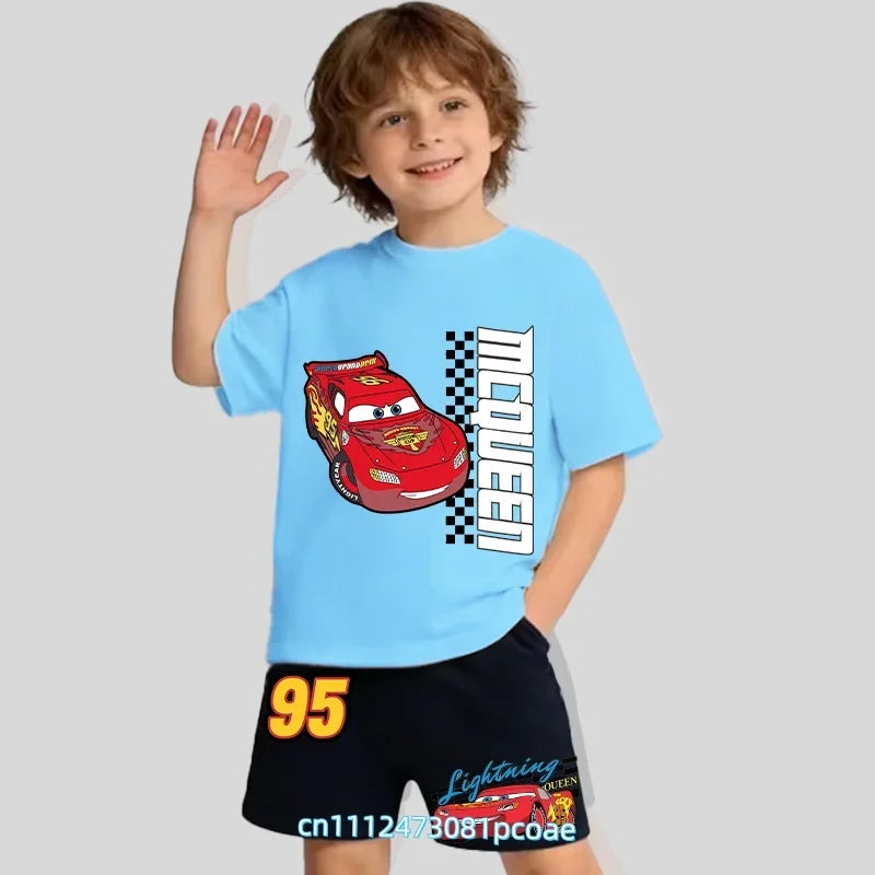 2026 New Cars of the Universe Boys' Sportswear Cotton Short-Sleeved Shorts Set with Cartoon Print - Summer T-Shirt 2-Piece Set