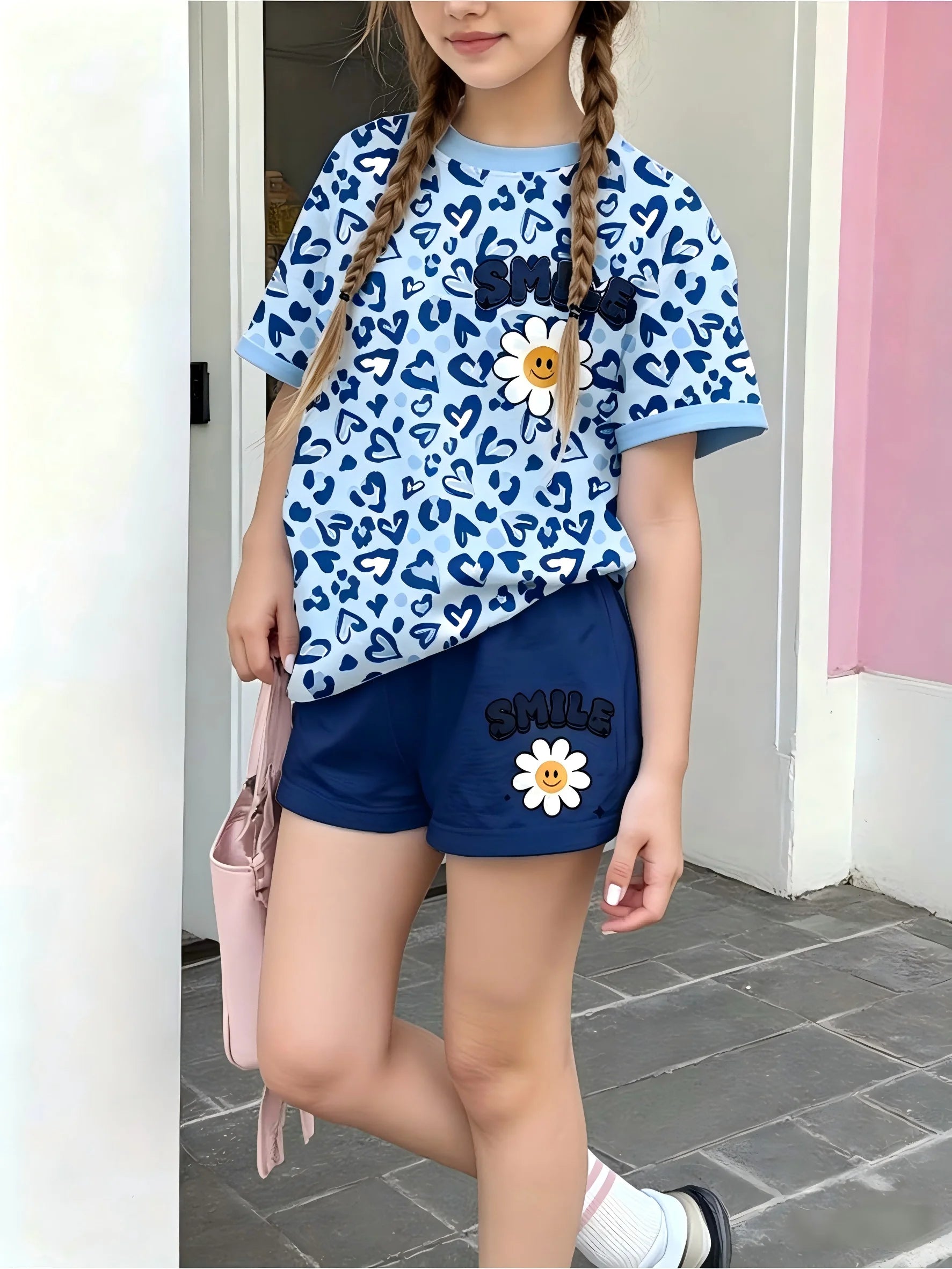 Girls  Sleeve Crew Neck T-Shirt + Shorts Set Leopard Heart Print With Smile Flower Logo Casual Cute Kids Daily Outfit Ages 1-14