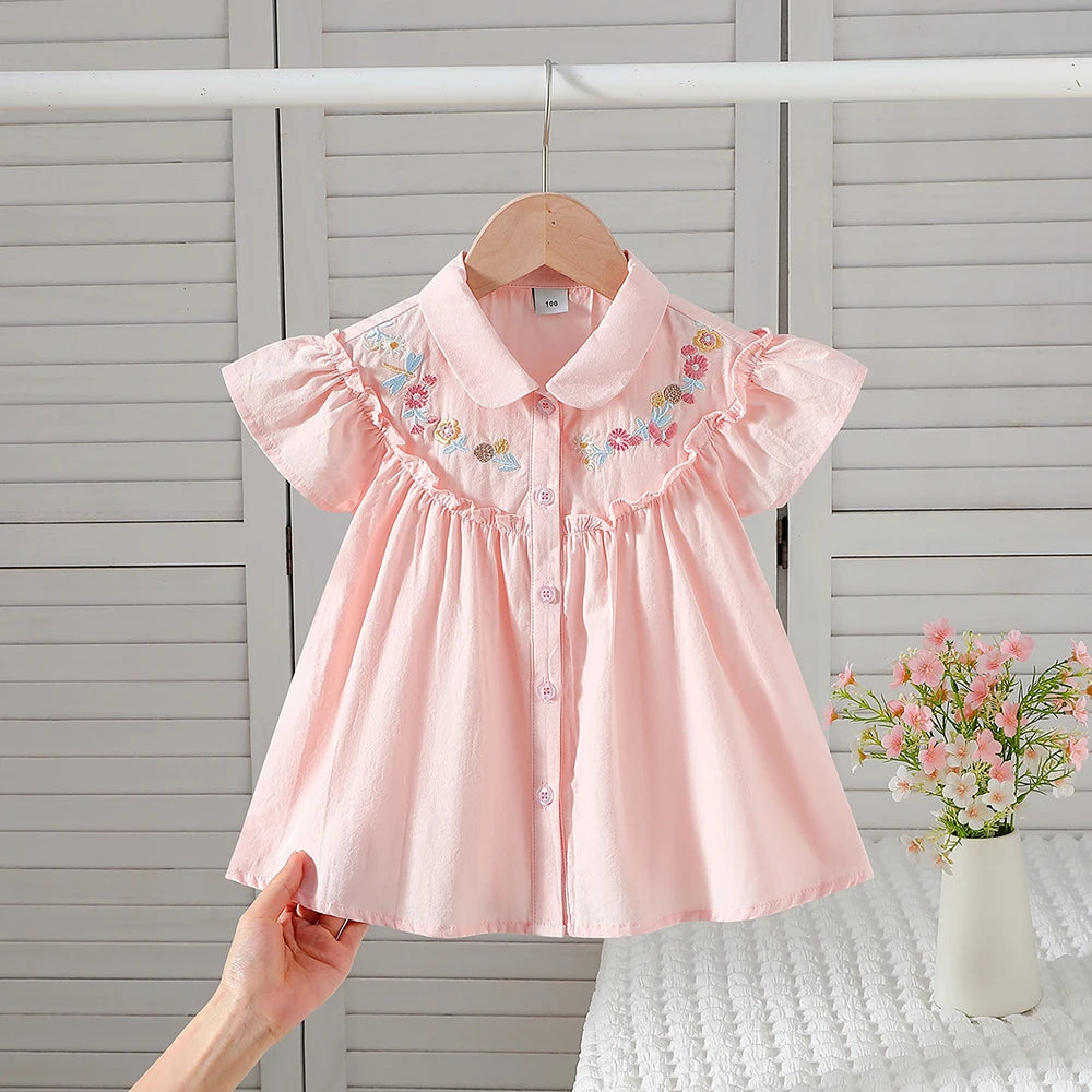 Kids 100% Cotton Fly Ruffle Sleeve Blouse 2-8 Years Floral Embroidery Doll Collar Girls Button Shirt Summer Casual Tops