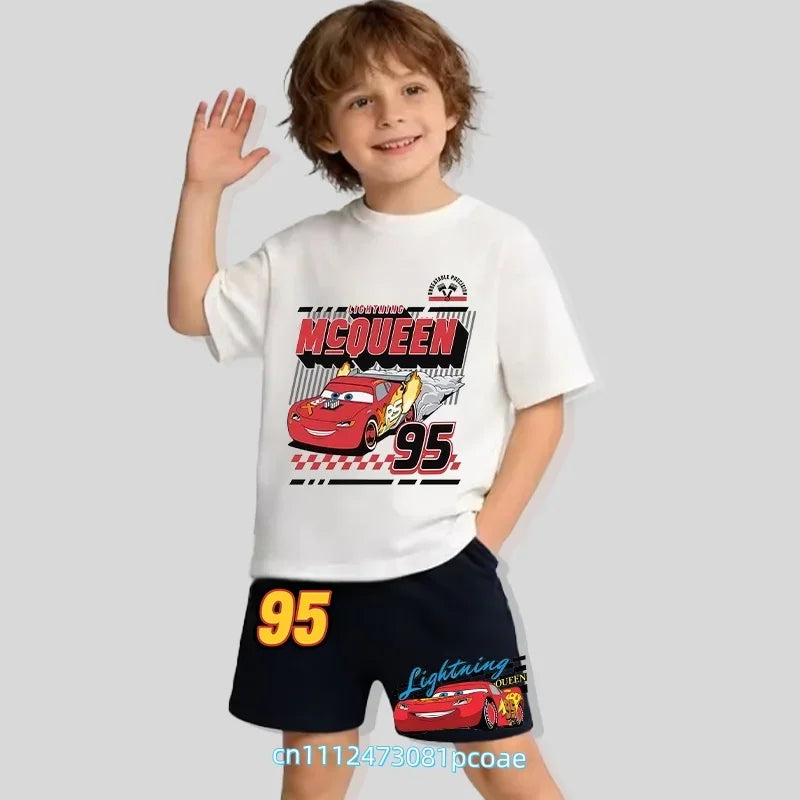 2026 New Cars of the Universe Boys' Sportswear Cotton Short-Sleeved Shorts Set with Cartoon Print - Summer T-Shirt 2-Piece Set