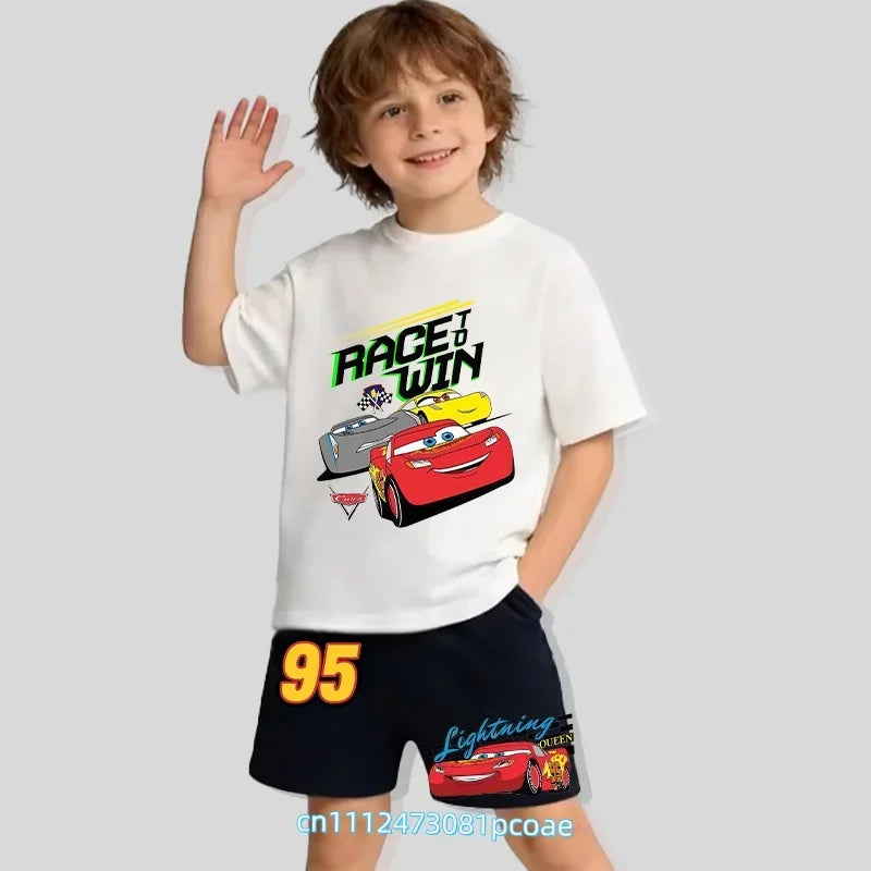 2026 New Cars of the Universe Boys' Sportswear Cotton Short-Sleeved Shorts Set with Cartoon Print - Summer T-Shirt 2-Piece Set