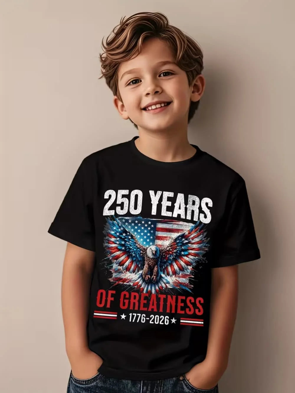 T-Shirt for Kids America 250th Birthday Eagle Flag 250 Years 1776-2026 Unisex Kids Tops Casual Style Vintage Children's Clothing