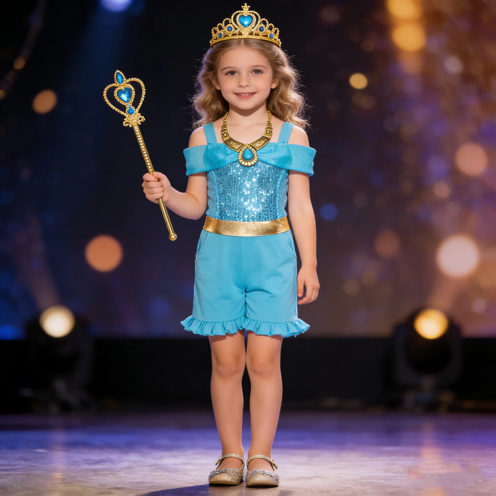 Girls' Summer High Waisted Jumpsuit Shorts Jasmine Princess Lake Blue Sequin Off Shoulder Top Kids Casual Performance Outfit