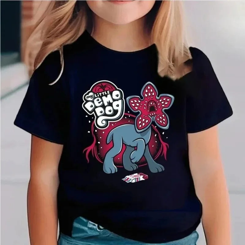 Kids Stranger Style T-Shirt Boy Girl Retro Cartoon Print Short Sleeve Top "Good Demodog" Graphic Tee Summer Cotton Clothes