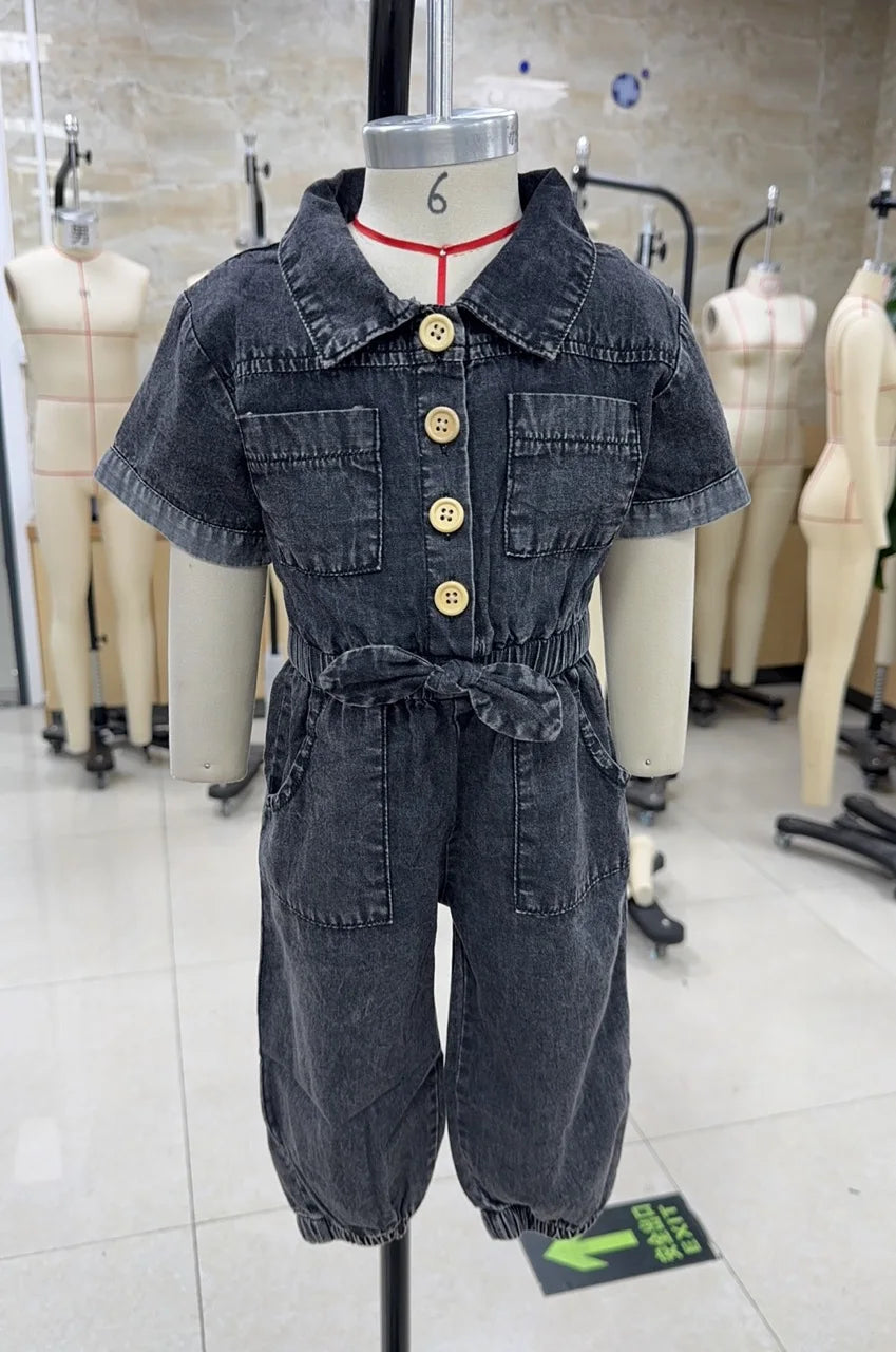 Kids Girls Denim Romper Short Sleeve Lapel Button Down Full Length Overalls Jumpsuit with Pockets Children's Clothing
