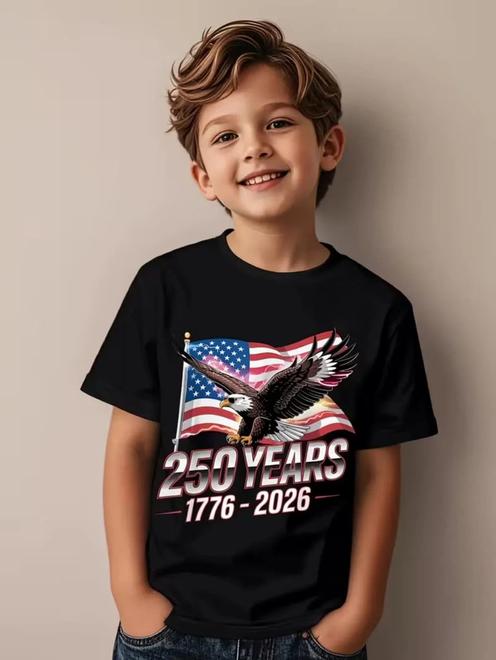 T-Shirt for Kids America 250th Birthday Eagle Flag 250 Years 1776-2026 Unisex Kids Tops Casual Style Vintage Children's Clothing