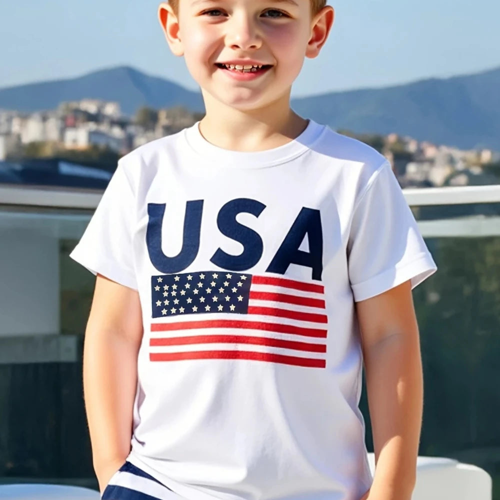 USA American Flag Graphic Printed Children T-shirt Independence Day Shirt Contracted Design Daily Life Casual Boys Girls Tshirt