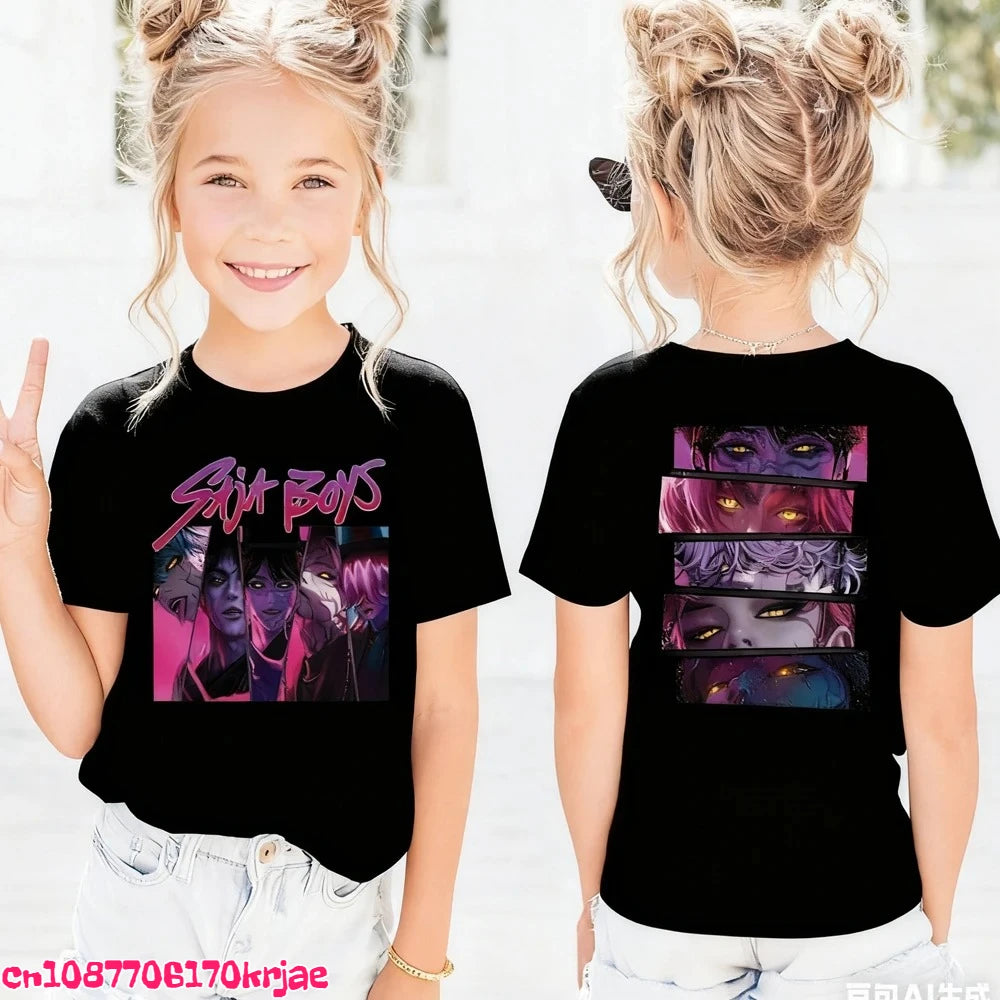 Kids Saja Boys Print T-Shirt Anime Eyes  Short Sleeve Tee Boys Girls Casual Crew Neck Summer Tops Children Daily Wear Shirts