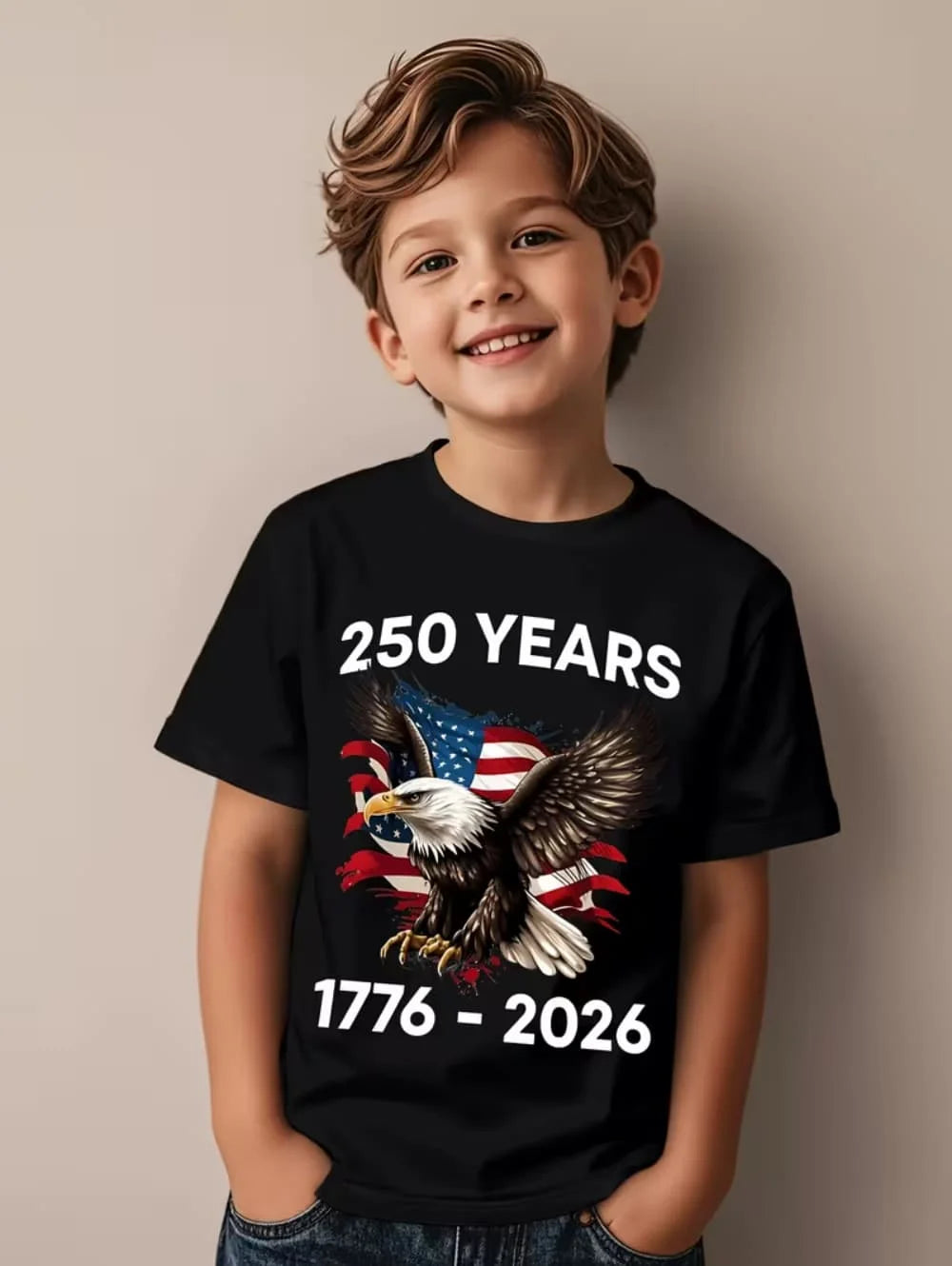 T-Shirt for Kids America 250th Birthday Eagle Flag 250 Years 1776-2026 Unisex Kids Tops Casual Style Vintage Children's Clothing