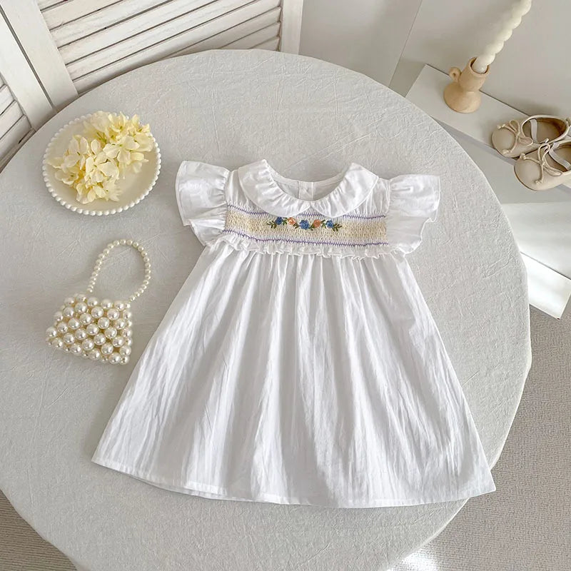 Girl Dress Summer New Peter Pan Collar Embroidery Flying Sleeve Princess Dress For Girls Korean Version White Princess Skirt