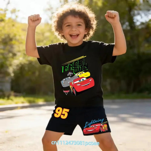 2026 New Cars of the Universe Boys' Sportswear Cotton Short-Sleeved Shorts Set with Cartoon Print - Summer T-Shirt 2-Piece Set