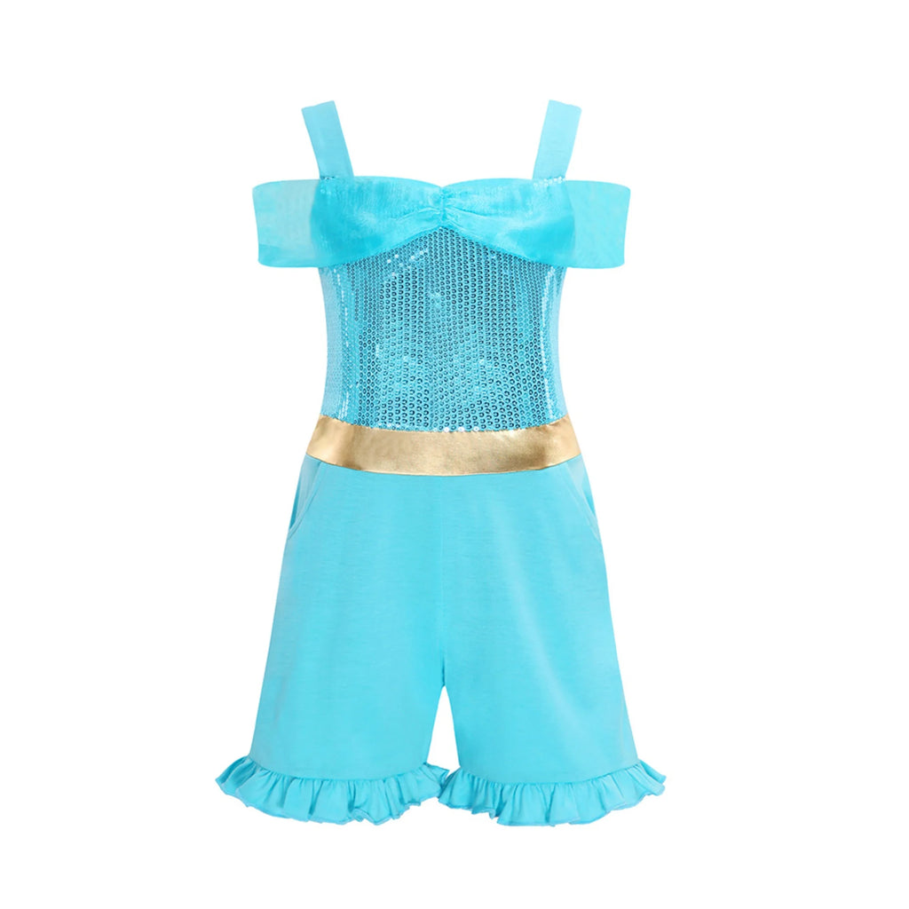 Girls' Summer High Waisted Jumpsuit Shorts Jasmine Princess Lake Blue Sequin Off Shoulder Top Kids Casual Performance Outfit