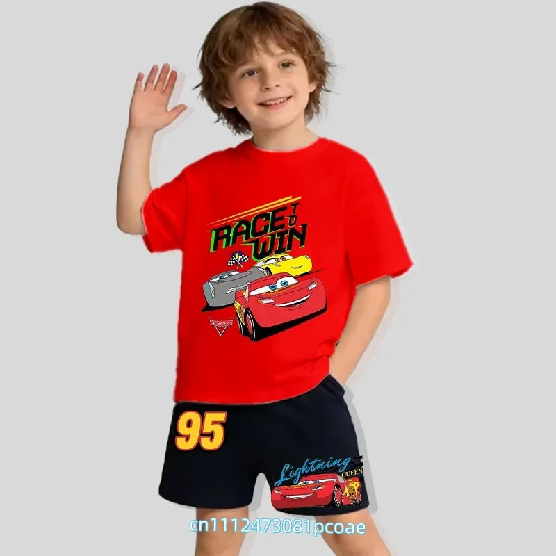 2026 New Cars of the Universe Boys' Sportswear Cotton Short-Sleeved Shorts Set with Cartoon Print - Summer T-Shirt 2-Piece Set