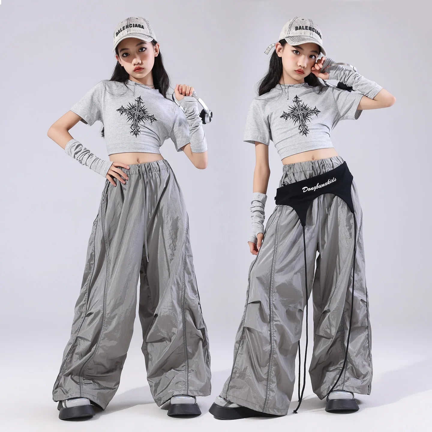Girls Team Clothes Jazz Dance Clothes Hip Hop Dance Costumes Short Sleeve Crop Top Cargo Pants Suit Street Dance Wear