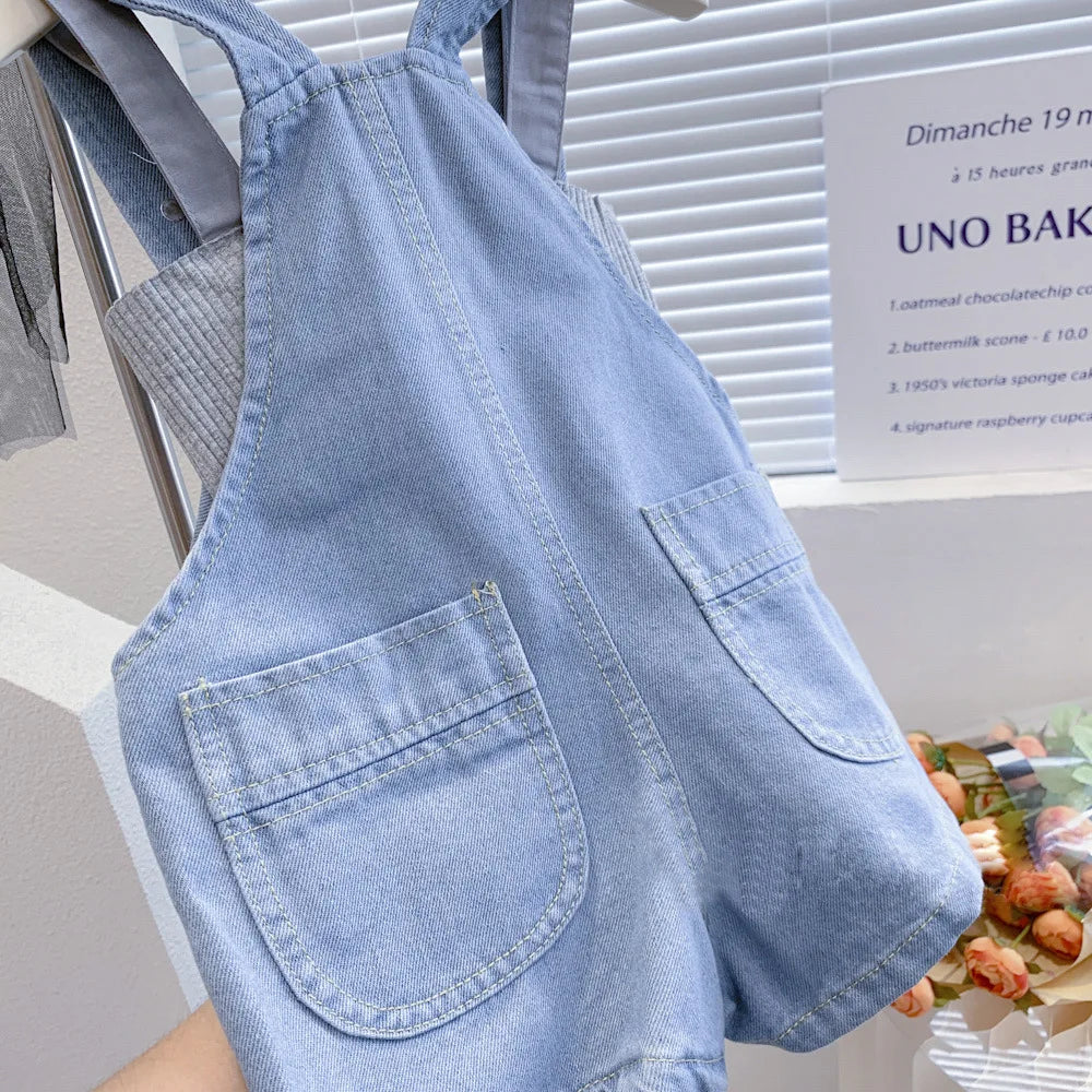 2025 New Summer Girls Solid Color Jumpsuit 2-7T Boys Denim Overalls Korean Kids Loose Jeans Overalls Children Pants Clothes