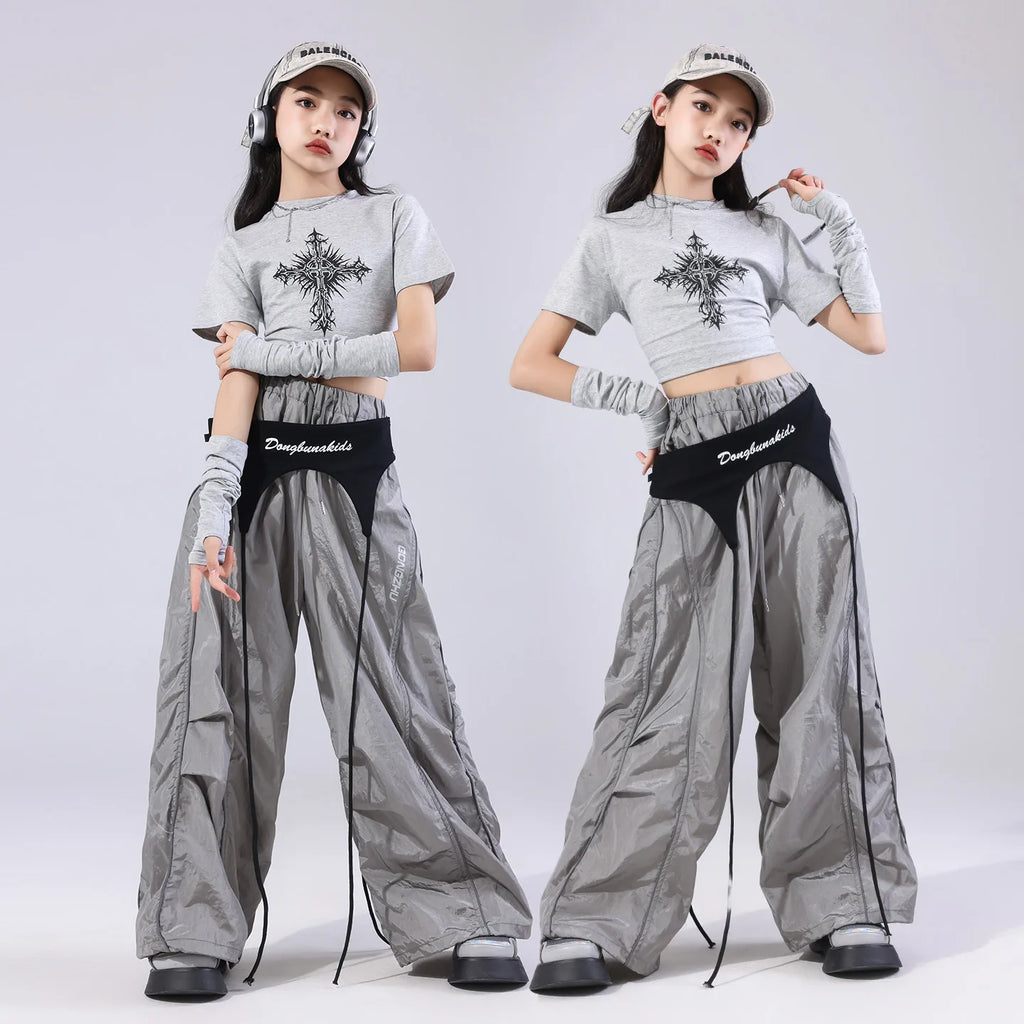 Girls Team Clothes Jazz Dance Clothes Hip Hop Dance Costumes Short Sleeve Crop Top Cargo Pants Suit Street Dance Wear