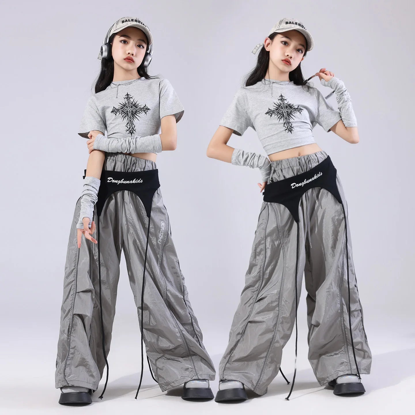 Girls Team Clothes Jazz Dance Clothes Hip Hop Dance Costumes Short Sleeve Crop Top Cargo Pants Suit Street Dance Wear