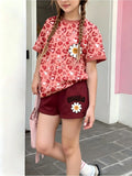 Girls  Sleeve Crew Neck T-Shirt + Shorts Set Leopard Heart Print With Smile Flower Logo Casual Cute Kids Daily Outfit Ages 1-14