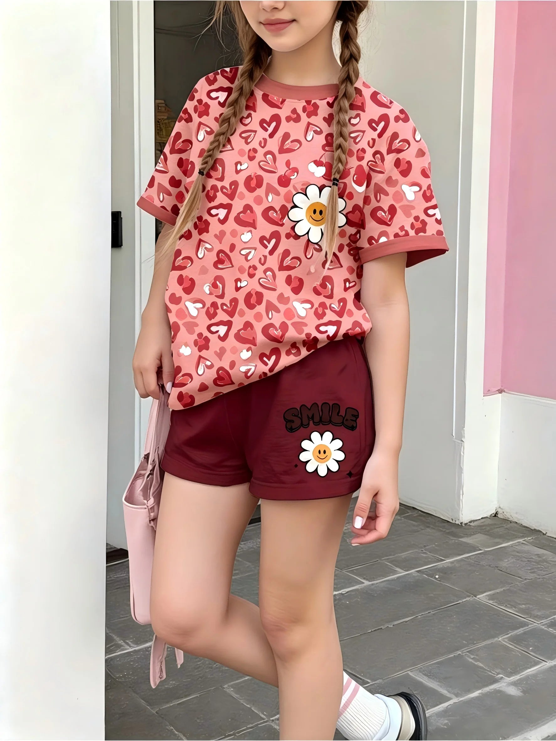 Girls  Sleeve Crew Neck T-Shirt + Shorts Set Leopard Heart Print With Smile Flower Logo Casual Cute Kids Daily Outfit Ages 1-14